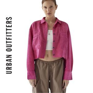 BDG UO Urban Outfitters Rodney Pink Corduroy Cropped Button-Down Shirt NEW S M